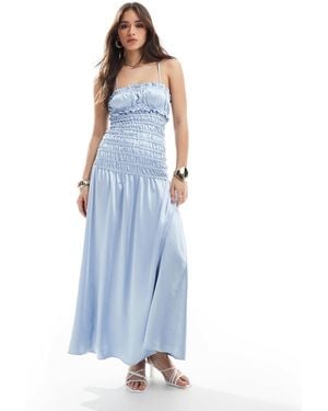 The Frolic Exclusive Satin Ruched Dropped Waist Maxi Dress - Blue