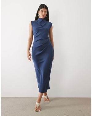 ASOS High Neck Pleated Bodice Midi Dress - Blue