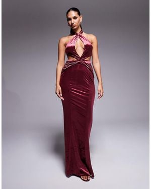 Oh Polly Adriana Halter Neck Velvet Maxi Dress - Red