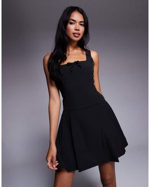 Brave Soul Square Neck Pleated Mini Dress With Bow Detail - Black