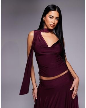 Kaiia Exclusive Double Laye Slinky Cowl Neck Scarf Detail Top Co-ord - Purple