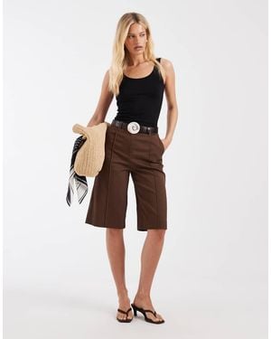 & Other Stories Low Waisted Cotton Tailored Bermuda Shorts On Chocolate - Grey