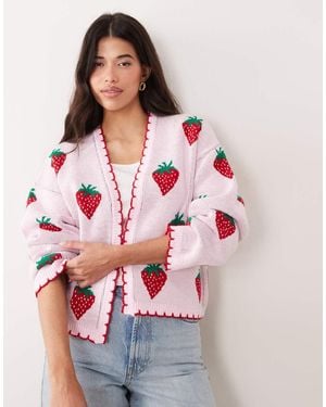 Miss Selfridge Edge To Edge Cardigan With All Over Strawberry Embroidery - Red