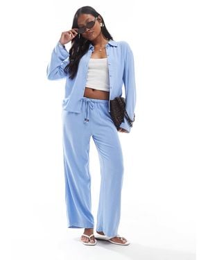 Only Petite Linen Mix Pull On Wide Leg Pants Co-ord With Beads Detail - Blue