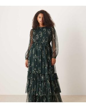 Lace & Beads Plus High Neck Long Sleeve Tulle Maxi Dress - Green