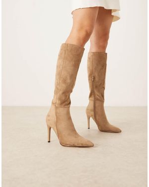 Glamorous Pointed Toe Heeled Knee Boots - Natural