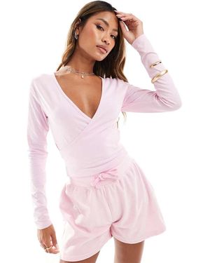 Kaiia Wrap Detail Long Sleeve Top - Pink