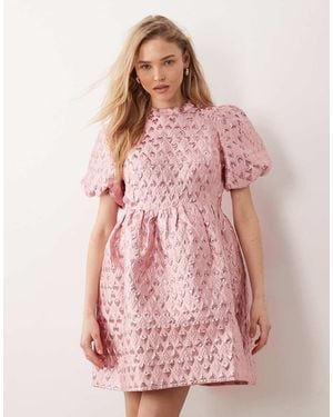 Y.A.S Puff Sleeve Heart Jacquard Mini Dress - Pink