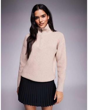 Aria Cove Ribbed Knit Funnel Neck 3/4 Zip Jumper - Natural