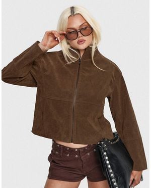 Princess Polly Faux Suede Funnel Neck Zip Up Cropped Jacket - Brown