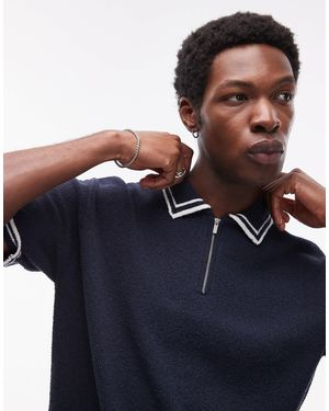 TOPMAN Knitted Towelling Polo With Tipping - Blue