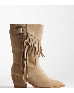 SEQWL Wide Fit Western Knee Boots With Buckle And Fringing - Natural