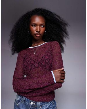 ASOS Semi-sheer Lace Crew Neck Top With Contrast Bind - Purple
