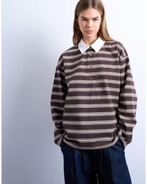 TOPSHOP Stripe Rugby Long Sleeve Polo Top - Blue