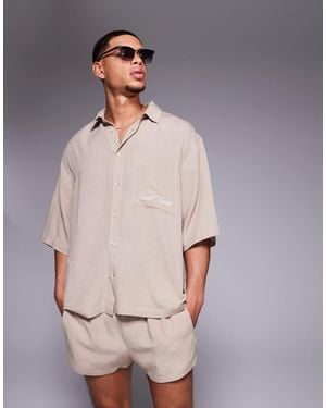 ASOS Linen Blend Oversized Shirt With Chest Embroidery - Grey