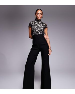 Vesper Bengaline Lace Overlay High Neck Wide Leg Jumpsuit - Blue