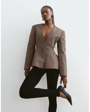 ARRANGE Blazer mit markanten schultern, ohne kragen und taillengürtel im hahnentrittmuster - Braun