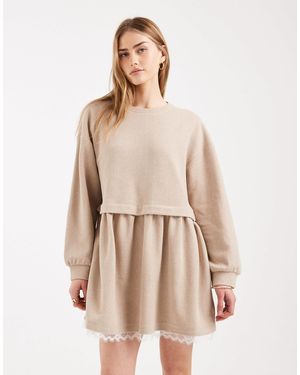 Miss Selfridge Smock Dress With Lace Trim - Natural