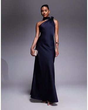 Jarlo One Shoulder Satin Maxi Dress With Corsage Neck Detail - Blue