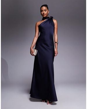 Jarlo One Shoulder Satin Maxi Dress With Corsage Neck Detail - Blue