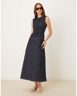 ASOS Rouched Drop Waist Denim Dress With Short Sleeve - Blue