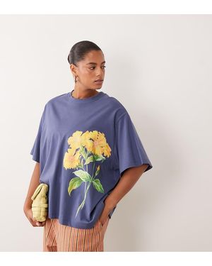ASOS Asos Design Curve Oversized T-shirt With Yellow Flower Graphic - Blue
