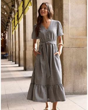 Threadbare Gingham Tiered Hem Puff Sleeve Maxi Dress - Brown