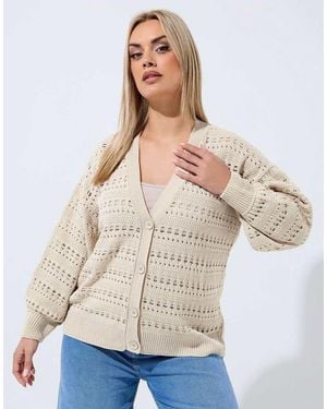 Yours Clothing Crochet Balloon Sleeve Cardigan - Natural