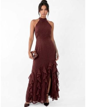 ANAYA Halter Neck Waterfall Ruffle Maxi Dress - Red