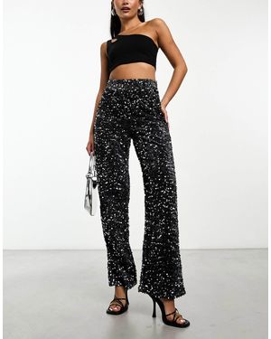 Pieces Velour & Sequin Wide Leg Pants - Gray