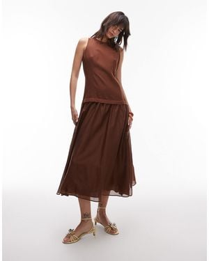Mango Linen Dropped Waist Maxi Dress With Sheer Hem - Brown
