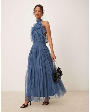 LACE & BEADS Waterfall Ruffle Maxi Dress - Blue