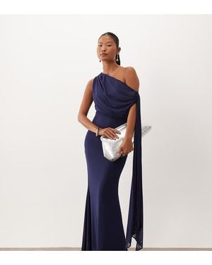 TFNC London Mesh Gedrapeerde Maxi-Jurk Met Één Schouder En Strikdetail - Blauw