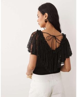 ASOS Shirred Lace Flutter Detail Top - Black