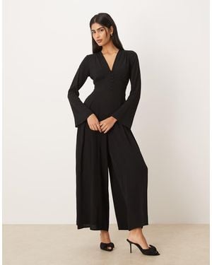 Nobody's Child Valencia V-neck Button Front Pleated Leg Jumpsuit - Black