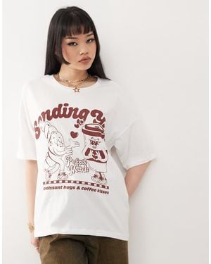Noisy May T-Shirt Oversize Bianca Con Stampa Di Caffè - Neutro