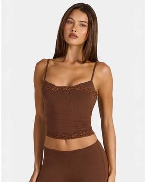 Oh Polly Modal Peekaboo Lace Trim Cami Top Co-ord - Brown