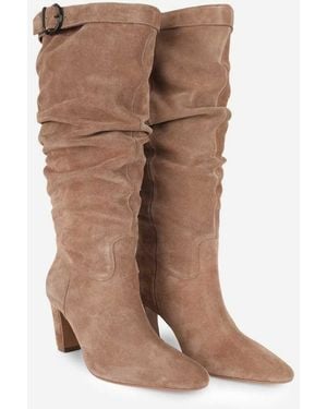 OFF THE HOOK Juno Suede Slouchy Knee-High Boots With Buckle Detail - Brown