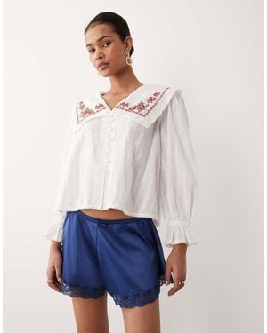 Nobody's Child Eloise Cotton Rich Oversized Embroidered Collar Blouse - White