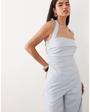 Kaiia Exclusive Linen Blend Halterneck Asymmetric Hem Ruched Detail Top - White
