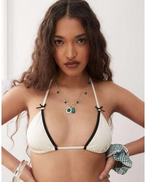 Lioness Gisele Bow Detail Contrast Trim Halterneck Triangle Bikini Top - Natural
