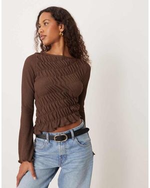 ASOS Shirred Flare Long Sleeve Top - Brown
