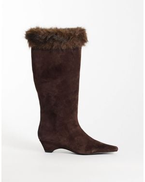 Mango 100% Leather Suede Heeled Boot With Faux Fur Trim - Brown