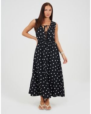Brave Soul Polka Dot Sleeveless Maxi Dress With Front Tie - Black