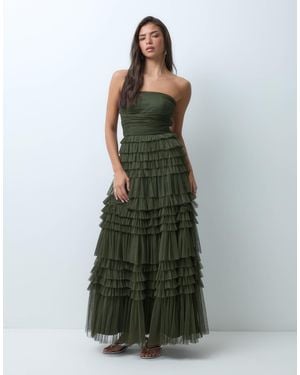 LACE & BEADS Tulle Bandeau Ruffle Maxi Dress - Green