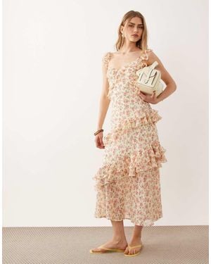 New Look Floral Bouquet Print Ruffle Maxi Dress - Natural