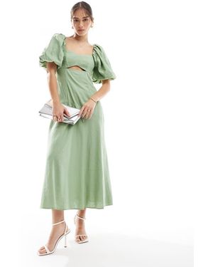 New Look Puff Sleeve Linen Cut Out Midi Dress - Green