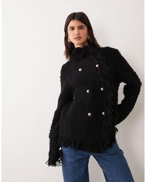 ASOS Strukturierte strickjacke mit fransen und doppelter knopfleiste - Schwarz