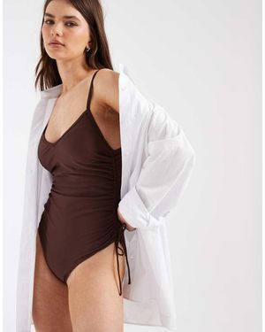Pieces Tie Side Ruched Swimsuit - Brown