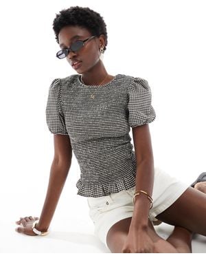 New Look – gesmoktes oberteil mit -weißen vichy-karos und puffärmeln - Grau